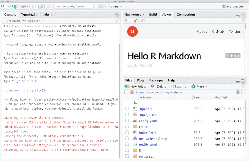 Serving the site in RStudio.