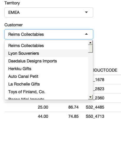 我选择 "EMEA"（左），然后选择 "Lyon Souveniers"（中），然后（右）查看 orders。 See live at <https://hadley.shinyapps.io/ms-update-nested>.